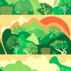 Seamless pattern with fruit gardens. Lemon and apple trees in a hilly landscape. Vector illustration.