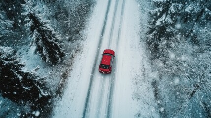 Red Car Driving Through a Snowy Forest