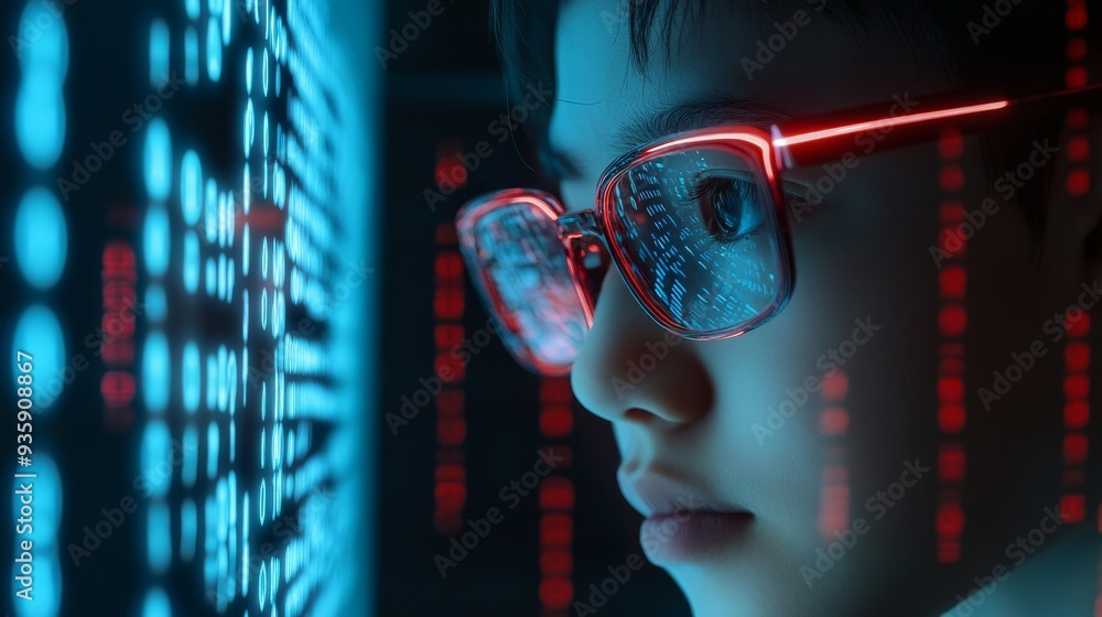 Poster young programmer looking at code on screen - a young boy looks intently at a computer screen filled 