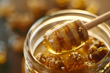 Close-up of honey dipper with fresh honeycomb

