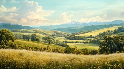 Fototapeta premium Rolling Hills and Distant Mountain Peaks