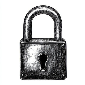 recommend clip art: Black and white Vintage engraved art of a classic padlock, isolated on white background, ink sketch illustration, simple vector art design, highly detailed line art, high contrasty