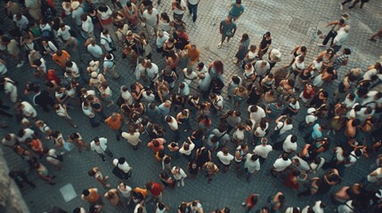 Fototapeta premium An overhead view of a vibrant crowd gathering in a town square with people engaging in lively activities and discussions, showcasing diverse interactions and urban life.