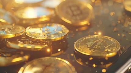 A close-up of numerous golden Bitcoin coins, symbolizing the digital currency's prominence and the futuristic world of cryptocurrency.