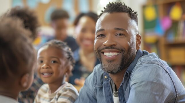 Parent-Teacher Conference: Parents sit attentively in the classroom, listening to the teacher discuss their child’s progress and achievements, showing support and pride.
