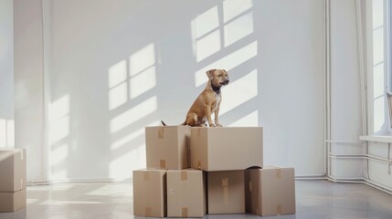 Fototapeta premium A brown dog sits proudly atop a pyramid of cardboard boxes in an empty room with bright sunlight streaming through the windows.