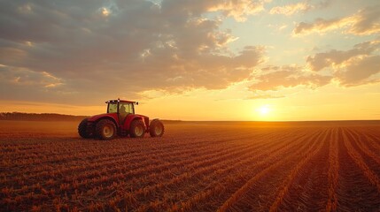 Obraz premium Tractor Sunset Field.