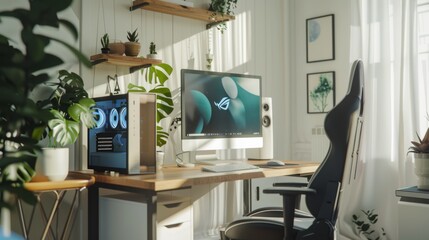 A modern home office setup with a sleek computer and several plants, bathed in natural light streaming through large windows.