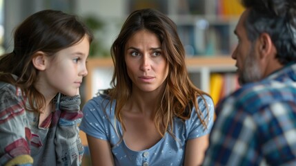 Obraz premium Parent-Teacher Conference: Attentive parents listen in the classroom as the teacher talks about their child’s achievements and progress, showing both pride and support. 