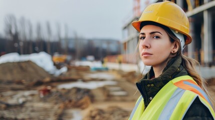 A female construction worker, clad in a hard hat and reflective vest, stands confidently at a worksite, embodying strength and dedication.