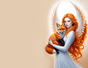 beautiful angel archangel Ariel with cute fox like a spiritual and religious  concept of angelic love for animals 