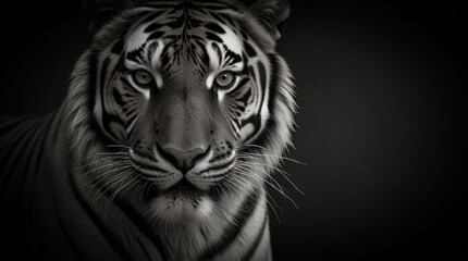 Amazing beautiful photo view of Sumatran tiger on black background, portrait of Sumatran tiger known as Panthera tigris sumatrae good for multimedia online content