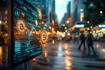 Digital cryptocurrency concept with bitcoin symbols in a vibrant urban setting, illustrating modern finance and technology.
