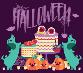 Happy halloween greeting card with cute dachshund puppy dog, flat and colorful illustration.