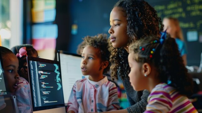 A teacher guiding a diverse group of young students at a computer, each engaged in learning to code, representing inclusive and modern education.