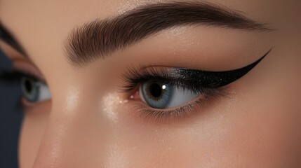 Fototapeta premium Detailed view of a woman's eye showcasing striking winged eyeliner and perfectly shaped eyebrows, highlighting her captivating gaze.