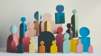 A collection of multicolored wooden figurines in varying shapes and sizes stands together in an artistic arrangement.