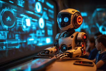 Cute robot is working with a futuristic computer interface, analyzing data and making calculations. Students are watching