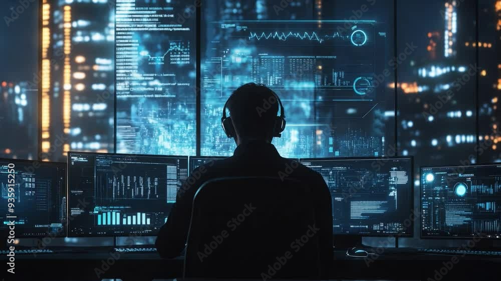Poster a man sits at a desk with multiple digital screens, analyzing data against a backdrop of a city skyl