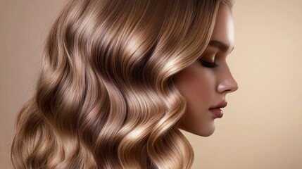 Fototapeta premium A woman displays her flowing wavy hair, beautifully illuminated in soft light, emphasizing her graceful profile against a simple backdrop.