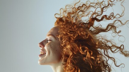 A joyous woman with bright red curly hair throws her head back, exuding confidence and freedom.