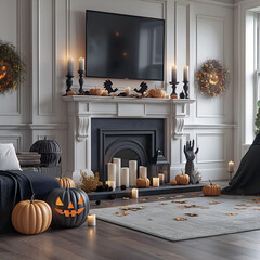 Obraz premium Aesthetic room interior design with Halloween elements. Wall with decoration in the apartment. Holiday pumpkins in the room.
