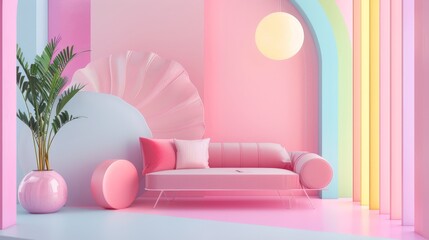 Pastel pink living room with couch, plant and rainbow wall.