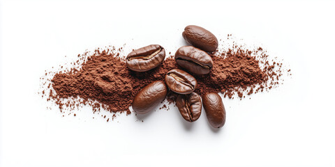 Naklejka premium Chicchi di caffè con caffè macinato su sfondo bianco. 