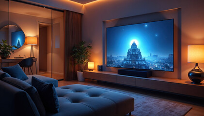 AI-powered home entertainment system, living room scene