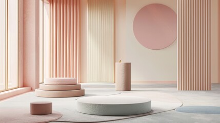 Minimalist interior with soft pink and beige tones with geometric shapes.