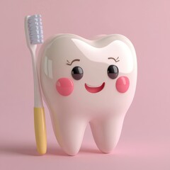Cute cartoon tooth with a toothbrush on a pink background.