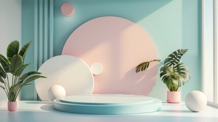 Minimalist Product Display with Geometric Shapes and Tropical Plants.