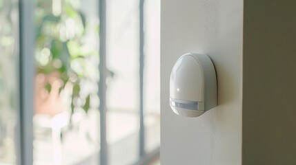 A sleek white motion sensor mounted on a wall in a bright room filled with natural light, symbolizing modern home security and smart living.