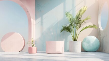 Minimalist Pastel Room with Plants and Geometric Shapes.