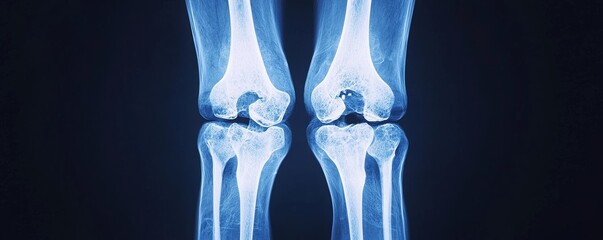 Close-up of a knee joint X-ray, showcasing bone structure and alignment in a detailed and clear manner.