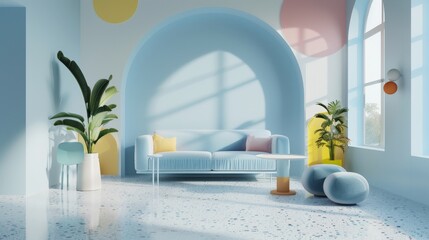 Minimalist Living Room with Blue Couch and Terrazzo Floor.