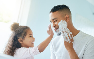 Help, child and dad with shaving in bathroom for cleaning, hygiene or morning routine by mirror....