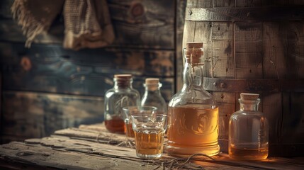 Moonshine Production: Vintage Bottle on an Old Table with Glasses in Background
