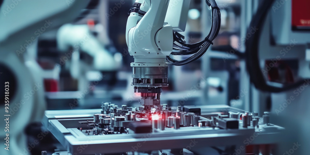 Poster robotic arm working on part of a car engine in a futuristic factory, showcasing the advancements of 