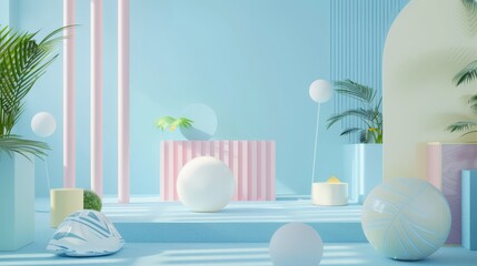 Abstract 3D Scene with Pastel Colors and Geometric Shapes.