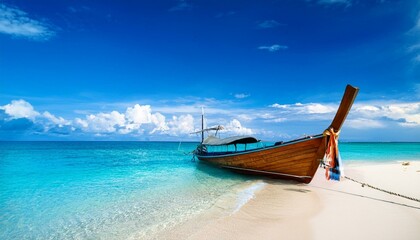 Obraz premium Summer Tranquility: The Simple Elegance of a Wooden Boat on the Beach