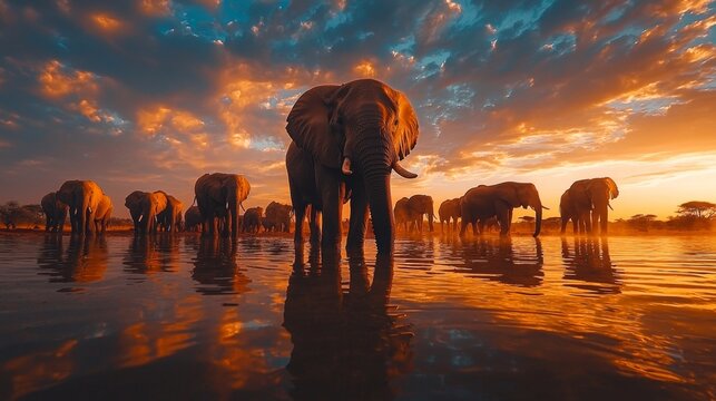 Elephants at Sunset.
