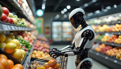 Humanoid robot shopping in a grocery store, realistic