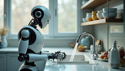 Humanoid robot washing dishes in a kitchen sink