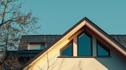 The upper part of a contemporary house bathed in golden sunlight, its triangular roof design and windows create a warm and inviting aesthetic against a clear blue sky.