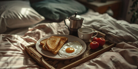 A cozy breakfast in bed featuring eggs, toast, and fresh apples, accompanied by coffee on a relaxing morning