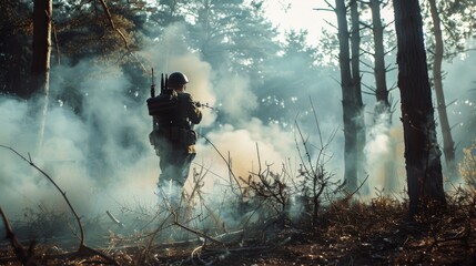 Fototapeta premium A lone soldier moves through a smoky forest during a crucial operation, casting an enigmatic and intense atmosphere in the early morning light.