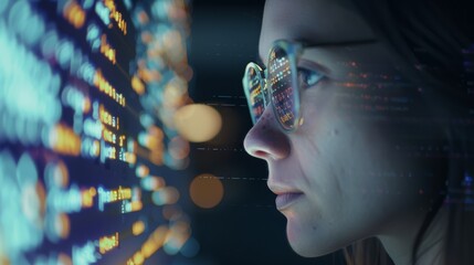A woman intensely focuses on a screen of scrolling code with colorful text, her reflection shown on her glasses.