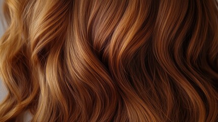 Naklejka premium Long, wavy hair with rich copper tones cascades down, highlighting various shades under soft light.
