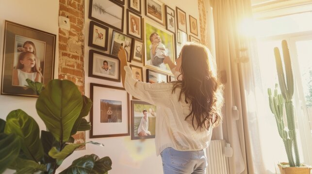 A woman arranges photos on a wall, her space bathed in warm, natural light, creating a personal photo gallery that tells a story through treasured memories.